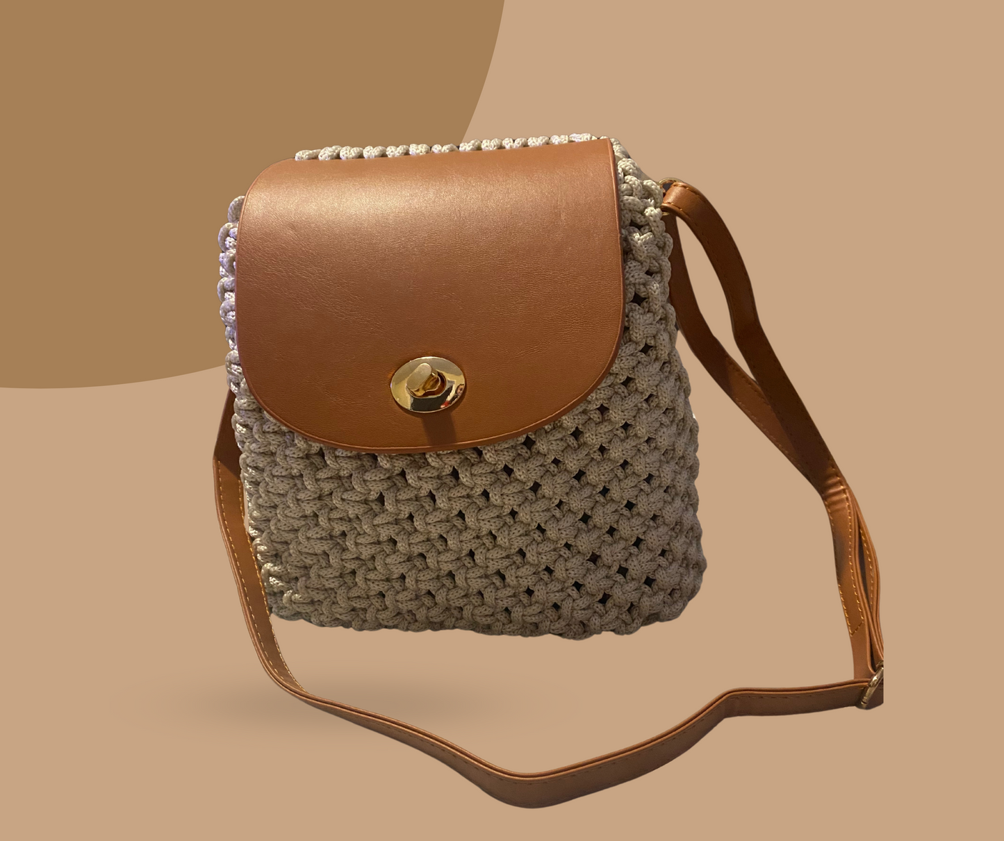 Leather base and flap macrame sling bag